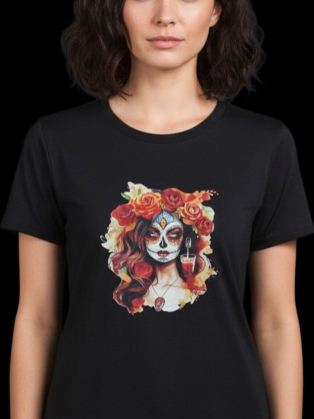 NEW! Sugar Skull Calavera Day of the Dead Woman Quick Dry Stretchy T-Shirt Small